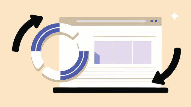 Website refresh cycle with browser window and arrows indicating a continuous process of updating the site