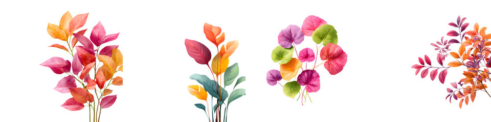 Watercolor Colorful Leaves Branches Set Isolated on White