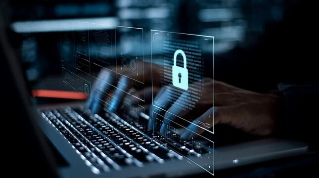 video. Secure data protection and network security systems. VPN connections and zero trust security. Man using laptop computer with an encrypted data security system