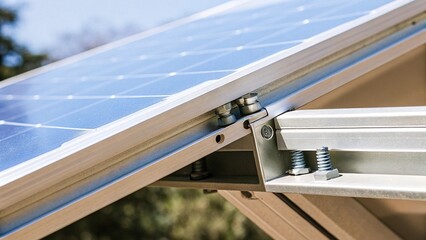 Detailed Close-up of a Mounted Solar Panel Showing Installation Hardware and Crystalline Cells