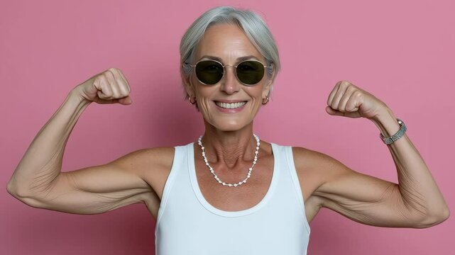 Woman with a necklace and sunglasses on her face is flexing her arm. Concept of confidence and strength