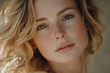 Close-up portrait of a woman with healthy skin and curly blonde hair.