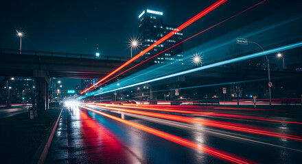Vibrant Night Cityscape With Dynamic Light Trails And Urban Illumination