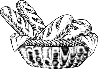 Vintage woodcut style drawing of a basket filled with artisan bread loaves. Ideal for bakery branding, packaging, menus, or food themed graphic design with a traditional feel.