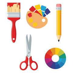 Art and design tools including a paintbrush scissors pencil color palette and color wheel