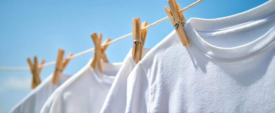 The white t-shirts hanging on a clothesline under a bright blue sky - Powered by Adobe