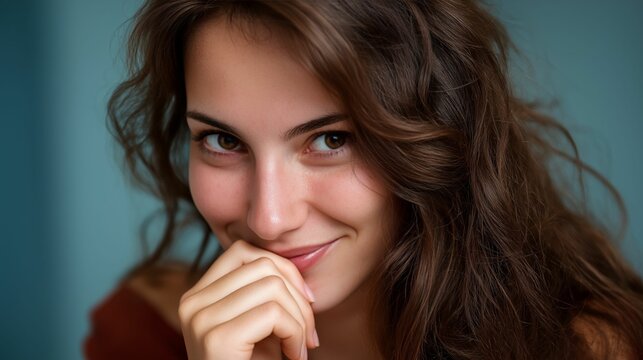 Flirtatious young woman with wavy hair smiling playfully while resting her chin on her hand