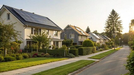 Obraz premium Residential Street View with Modern Solar-Powered Houses and Green Landscaping at Golden Hour