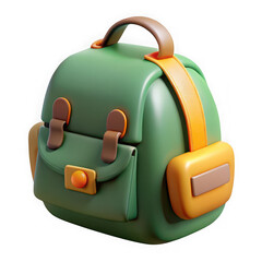 Stylized 3d green backpack with orange and brown accents isolated on transparent background