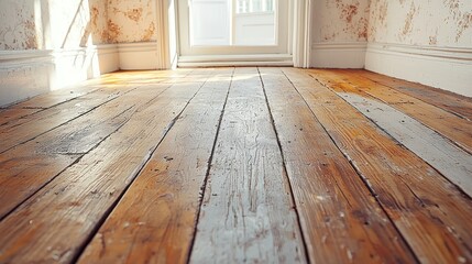 Aged wood floor, sunlight, worn walls, doorway background