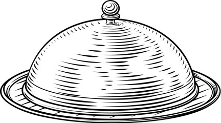 Classic woodcut style illustration of covered cloche serving plate bell platter dish. Ideal for culinary branding, restaurant menus, hospitality logos, or vintage food service themed designs.