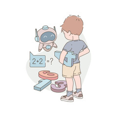 Little boy learning math with the help of an AI chatbot. Educational flat-style vector illustration in pastel tones, promoting digital learning and early math skills.