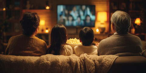 Multi generational Asian family back view watching movie together on cozy sofa, warm lighting, sharing popcorn, relaxing evening