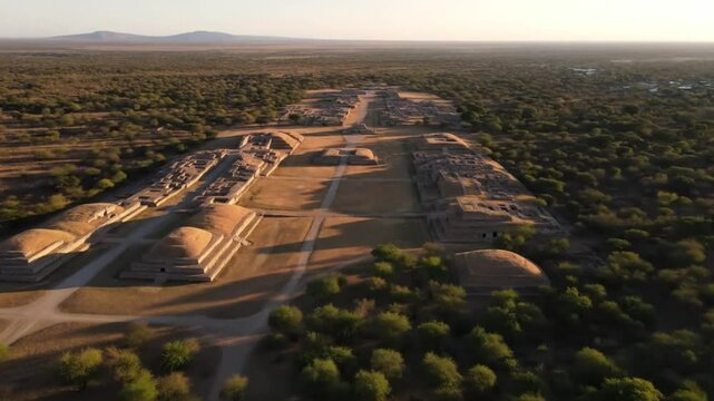 An aerial view captures the mitla archaeological site, revealing the ancient zapotec civilizations ceremonial complex in the desert landscape of oaxaca, mexico