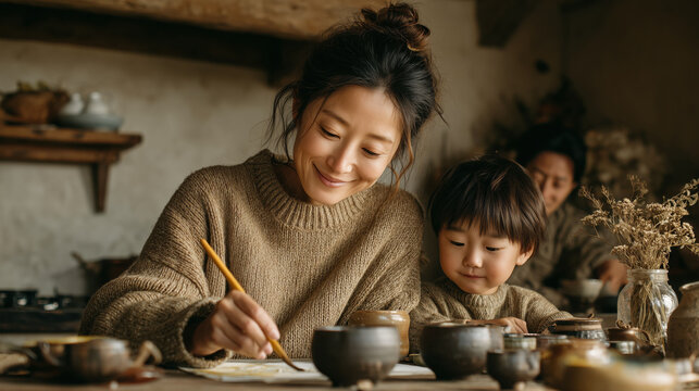 Mother and child painting together at rustic wooden table in cozy home atmosphere warm sweaters, natural light creative bonding