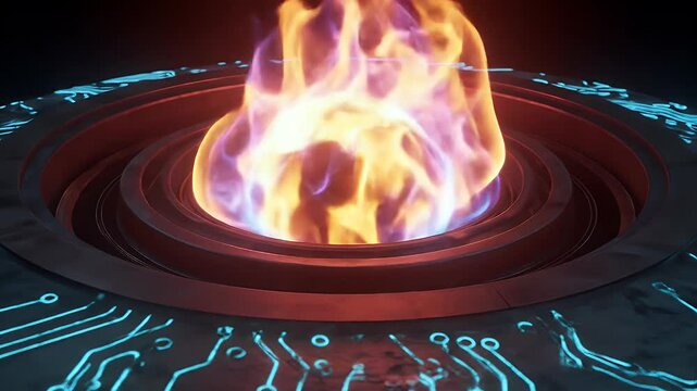 A glowing holographic fire appearing on a circular sci-fi platform with blue and red digital lighting, in a futuristic tech space.