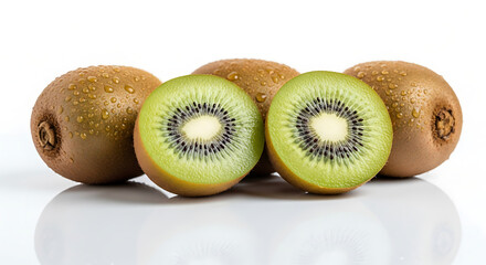 Juicy kiwifruit, whole and halved, glistening with water droplets, arranged on a reflective white surface.