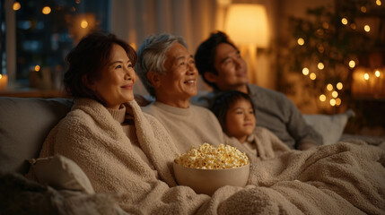 Multi generational Asian family sitting on sofa, watching movie together, cozy evening, smiling, popcorn, warm lighting, happiness