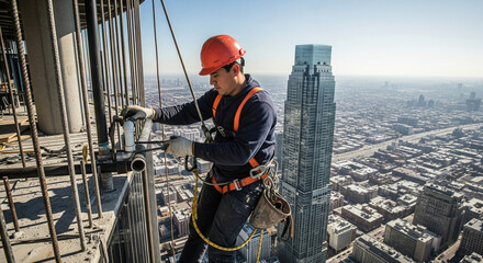 Construction worker at height installing pipes, wearing protective gear for safety