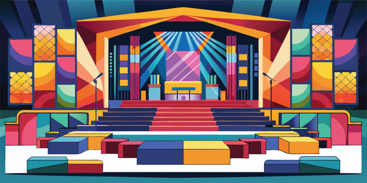 Colorful geometric stage design with spotlights and seating