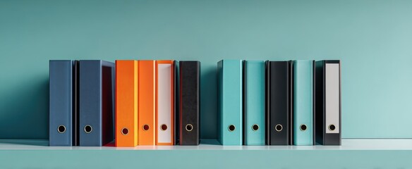 The colorful binders organized neatly on a modern shelf.
