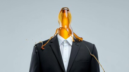 Man's head is shown inside a bottle of beer. The image is a creative and humorous take on the idea of a man in a suit. Scene is lighthearted and playful