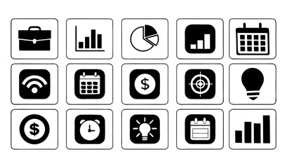 Business Icons or briefcase, bar graph, pie chart, calendar, wallet, dollar sign, lightbulb, clipboard, target icon design