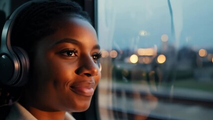 Young smiling African American woman with headphones watching city lights passing by from train. The young traveler embraces the thrill of city life from her seat.
