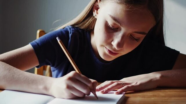 Concentrated pupil girl is learning, writing notes, studying at home, preparing for school exams, making notes in copybook, doing homework at wooden table