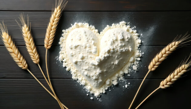 Top view of fresh flour scattered on a heart-shaped wooden table with spikelets of ripe wheat. Concept for Thanksgiving. Harvest Day