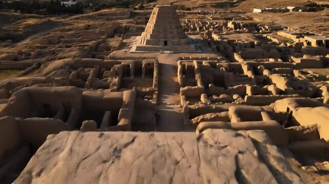 An aerial view captures the ancient adobe pyramid and ruins of tcume, a precolumbian archaeological site in the desert landscape of peru