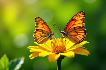 Fototapeta premium Two butterflies feeding on vibrant yellow bloom, delicate, insect
