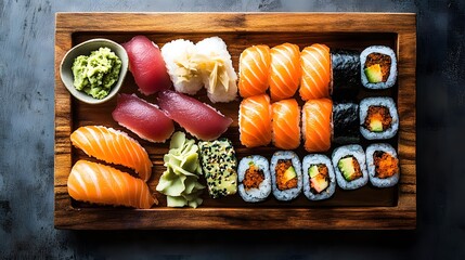 Japanese sushi platter with nigiri maki rolls