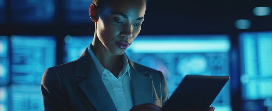 The professional businesswoman using a tablet in a high-tech environment.