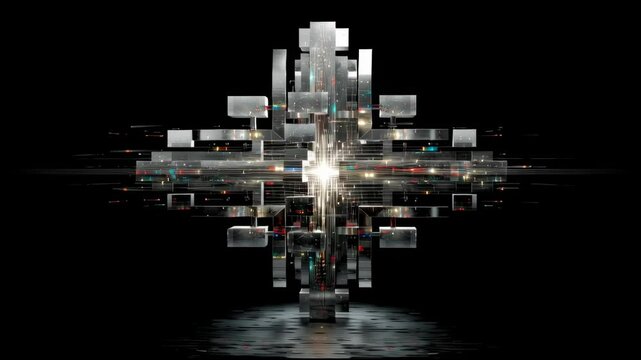 Rotating silver cyber sigil with glitched metal on black background