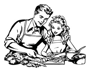 Vintage Hand-Drawn Illustration of a Father and Daughter Cooking Together