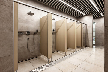 Modern communal shower area with clean tiled walls and contemporary fixtures