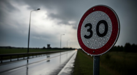 Thirty Kilometers Per Hour Speed Limit Sign On A Wet Road Landscape