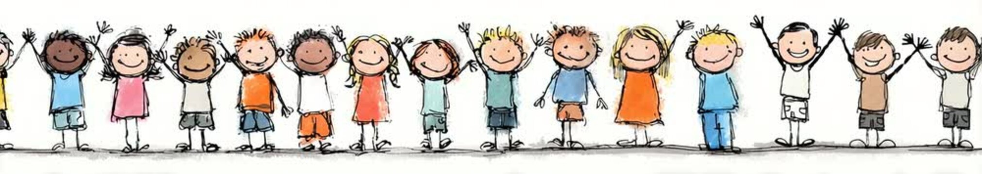 Happy children holding hands and waving on white background, simple drawing style