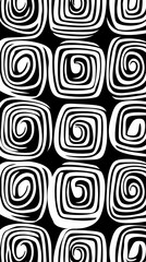 Abstract black and white pattern of squares and spirals, repeating design for background or textile