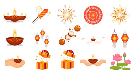 Diwali Festival Celebration Icons - Diya Lamps, Firecrackers, Rangoli, Lanterns, Gifts, Lotus