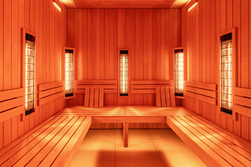 Warm interior of a modern infrared sauna with wooden walls and benches
