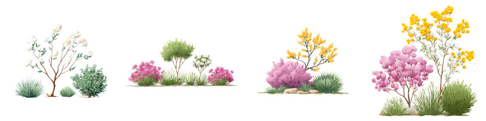 Fototapeta premium Watercolor illustrations of garden arrangements, bushes, and trees with pink, yellow, and white flowers on a white background, isolated design