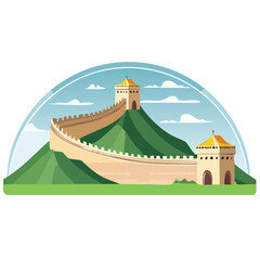 Cartoon Illustration of the Great Wall of China on Green Hills.