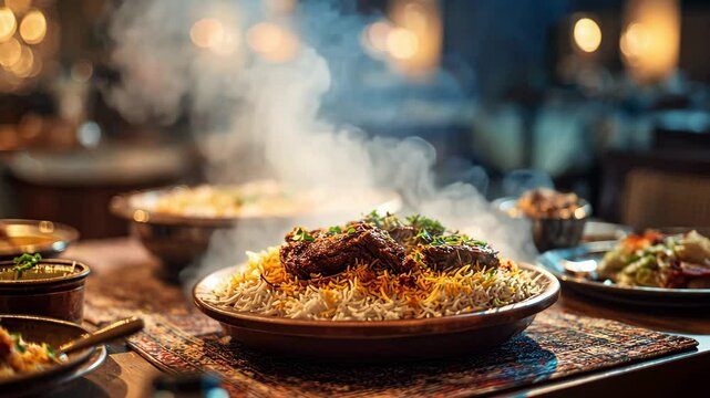 Steaming hot lamb biryani served in a traditional indian restaurant setting, A plate of steaming chicken biryani is served on a table, 4k video