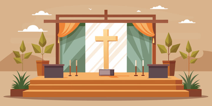 Golden cross on raised platform with plants altar church