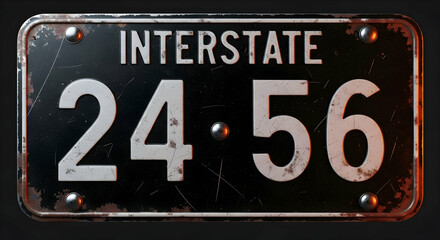 Vintage Interstate License Plate With Distressed Texture Isolated on Black Backdrop