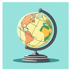 Vintage Style Globe Illustration Featuring Continents on a Stand with Blue Background
