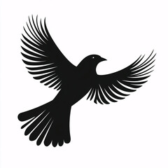 Black Silhouette of Flying Bird with Spread Wings on White Background
