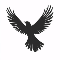 Black Silhouette of Bird Flying Upward with Wings Fully Spread on White Background

